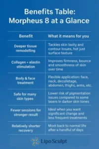 How Often Can I have Morpheus 8? 3 Table showing the benefits of Morpheus 8 treatment from Lipo Sculpt Kenilworth